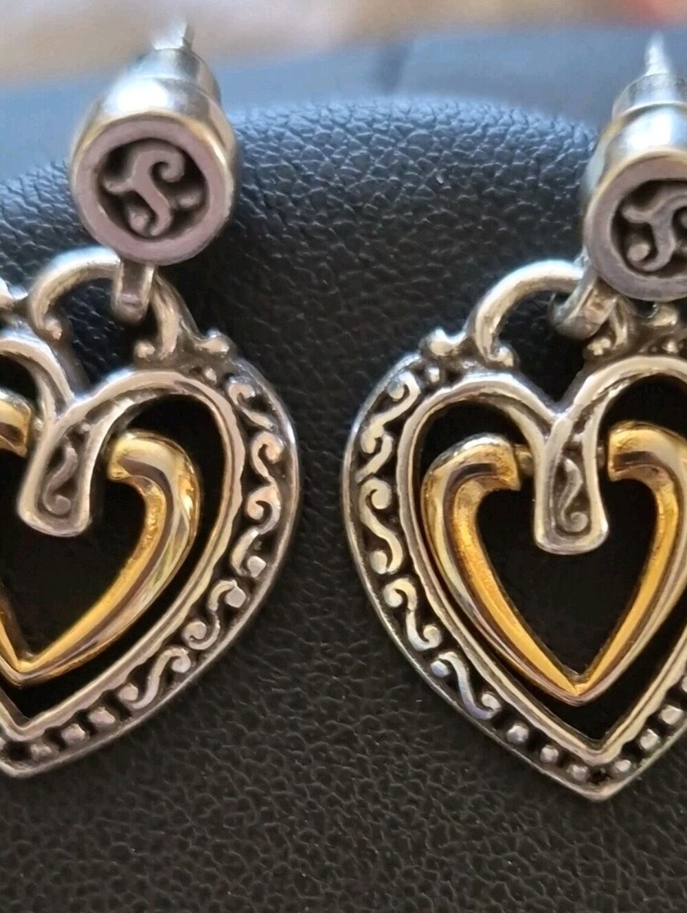 Brighton Ellington Two-Tone Heart Drop Earrings  Silver Plated & Gold Scrollwork